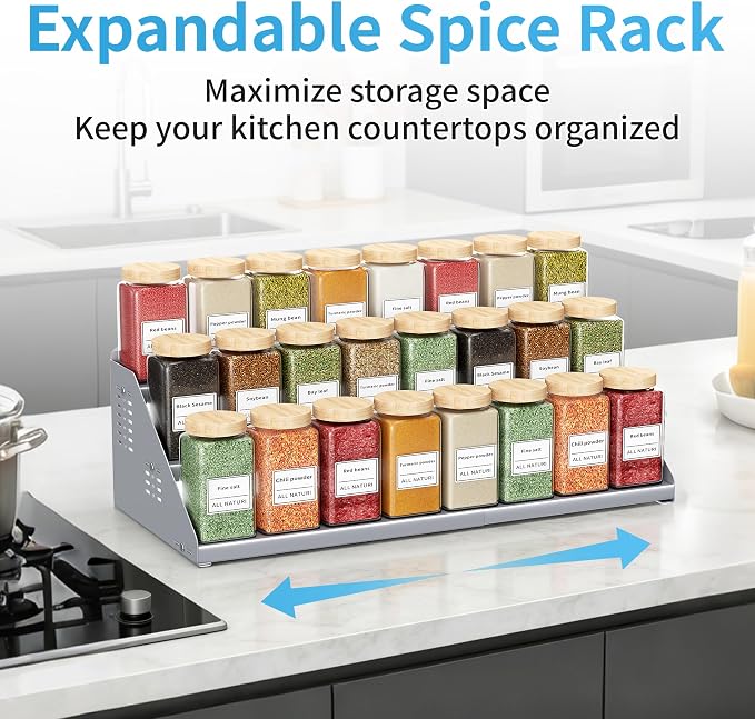 BOIVSHI 3 Tier Spice Cabinet Organizer for Countertop, Spice Shelf - Gray | Expandable Width and Adjustable Height Spice Rack, Metal Tiered Spice Rack Shelf Step Design, Save Cabinet Space - Image 5