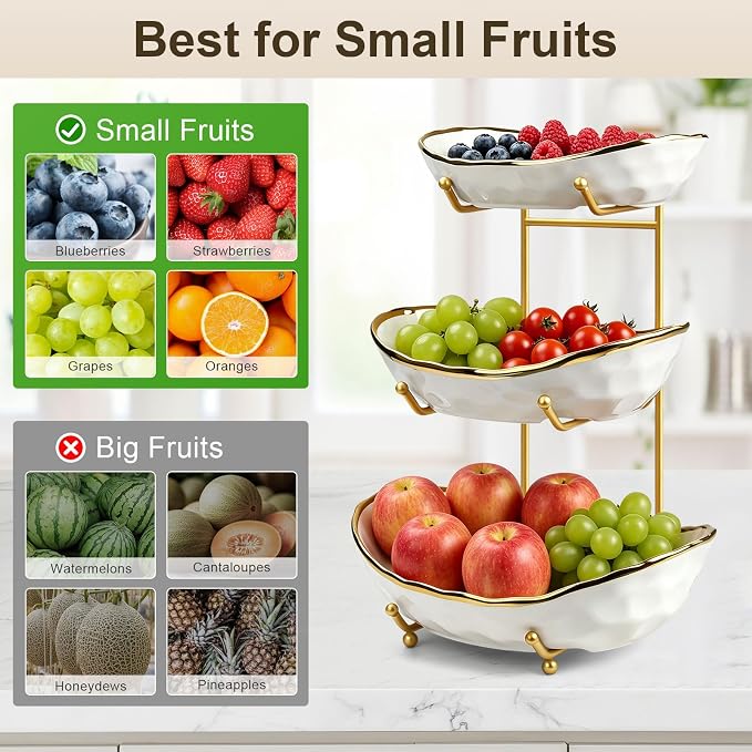 Fruit Bowl for Kitchen Counter - 3 Tier Ceramic Fruit Rack, Fruit Basket for Fresh Fruit&Veggies, Tiered Fruit Platter Serving Trays for Party - Image 5
