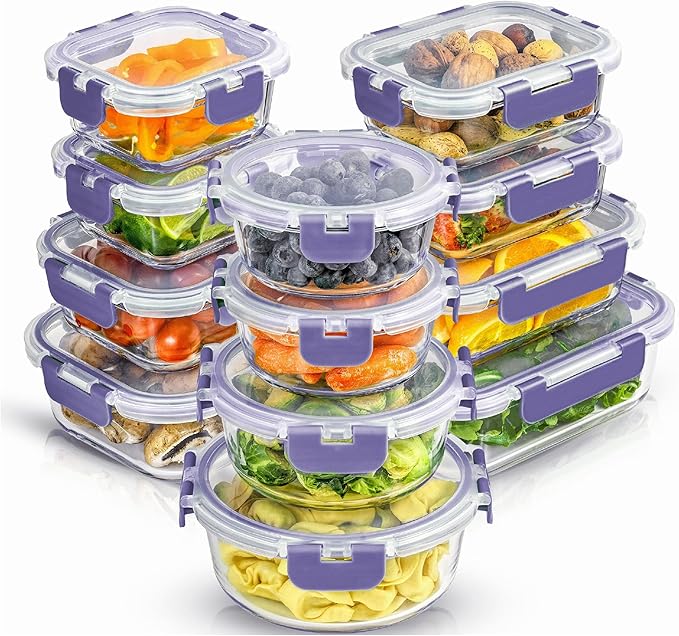 JoyJolt 24pc Borosilicate Glass Storage Containers with Lids | 12 Airtight/Freezer Safe Food Storage Containers for Pantry and Kitchen | Meal Prep Container for Lunch | Glass Tupperware Set by JoyJolt