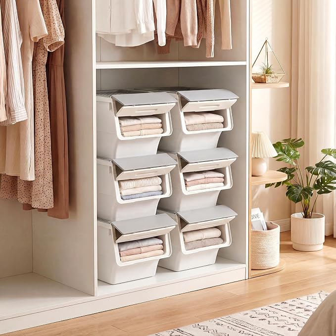 GIANTEX 3 Pack Plastic Stackable Storage Bins with Lids & Wheels, 12.5 QT | Open Front Stacking Bins, Organizer Bins for Pantry, Kitchen, Laundry, Closet, Playroom, Bedroom Organization - Image 4