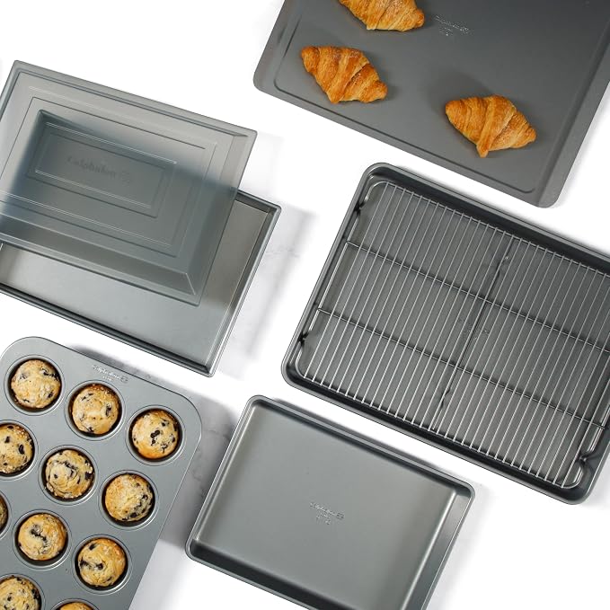 Calphalon Titan 10-Piece Nonstick Bakeware Set, Baking Sheet Set, Steel Core PFA-Free Nonstick Coating, Oven Safe, Includes Sheet Pans, Muffin Pan, Round Cake Pans, Loaf Pan and Cooling Rack - Silver - Image 7