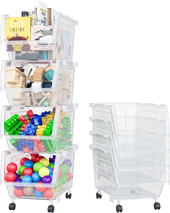 Small Stackable Storage Bins Open Front with Wheels, 4 Pack - Clear | Easy Assembly, Sturdy Plastic, Open Front Access, Smooth Rolling Wheels, Stackable, Large Capacity Storage by Skywin