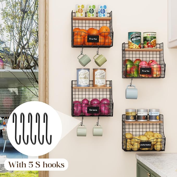 4 Pack Fruit Basket for Kitchen with Lid, Counter&Wall Mounted Hanging Fruit Basket, Potato and Onion Storage, Metal Wire Fruit and Vegetable Storage, Snack Organizer 11.81 * 8.66 * 10.63in - Image 3