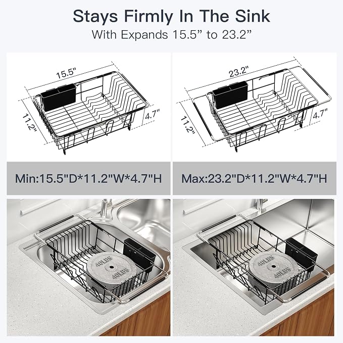 Dish Drying Rack Over The Sink with Utensil Holder, Drainboard | Expandable Stainless Steel Dish Drainer for Small Kitchen, Apartment, RV, Counter Space Saving, Perfect Fit, Rustproof - Image 3