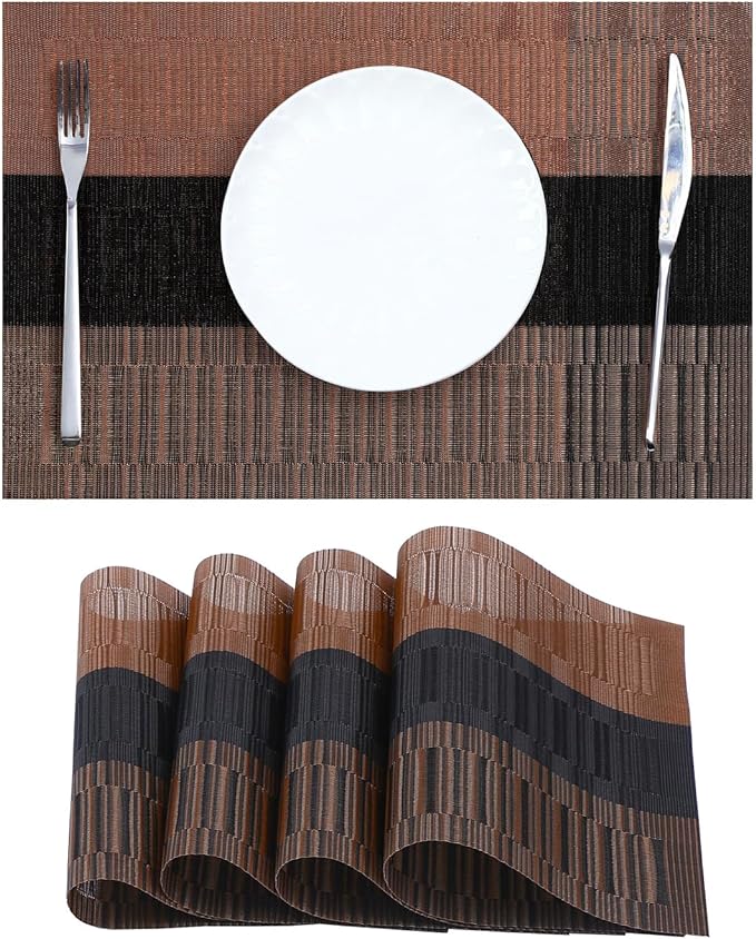 Leetaltree Brown with Black Striped Placemats Set of 4 - Heat Resistant Non-Slip Place mats for Dining Table, Washable Durable PVC Vinyl Woven Table Mats（Brown Stripe, 4） by Leetaltree-ArtatEveryTable