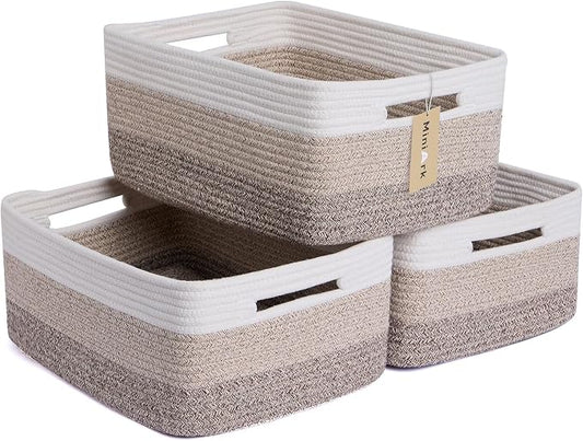 MiniArk Large Storage Baskets for Organizing, 17 x 13 x 7.5” Closet Shelf Baskets for Clothes Blanket Towels, Baby Nursery, Toy Bins Box, Woven Rope Basket, 3 Packs Gradient Brown by MiniArkStorageBasketsHome