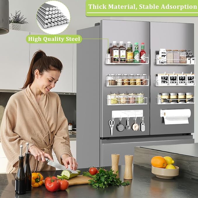Magnetic Spice Rack for Refrigerator, 9 Pack Magnetic Fridge Shelves W/Adjustable Paper Towel Holder, Hook Rack, Moveable Spice Organizer Shelf for Kitchen Organization and Storage (White) - Image 6