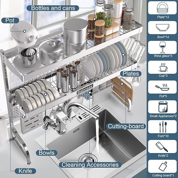 Over The Sink Dish Drying Rack,3 Tier Adjustable Length (25.5'' to 37.4'') Full Stainless Steel Large Storage Kitchen Dish Rack,For Kitchen Counter Expandable Multifunctional Organizers,Silver - Image 3