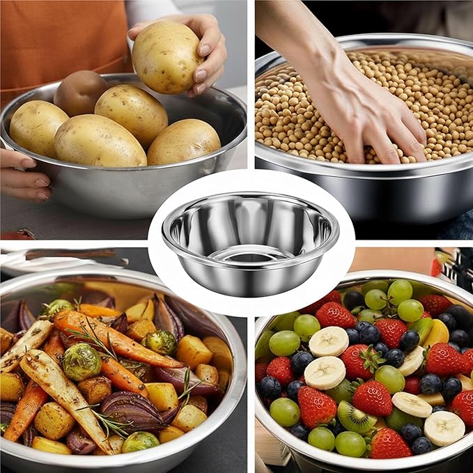 4 Pack 7 Qt 304 Stainless Steel Large Mixing Bowls with Flat Base Polished Mirror Finish Metal Bowls for Home or Commercial Baking Mixing Marinating and Food Preparation - Image 3