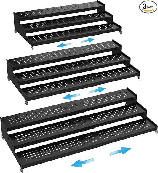 Expandable Spice Rack organizer with 3-Tier step shelf,Modern Design heavy duty,Non Skid and Visibility ,Great for Kitchen Cabinet,Bathroom,dressing table,Cupboard, Pantry and more(3PACKS/BLACK) by Goodqualityproducts