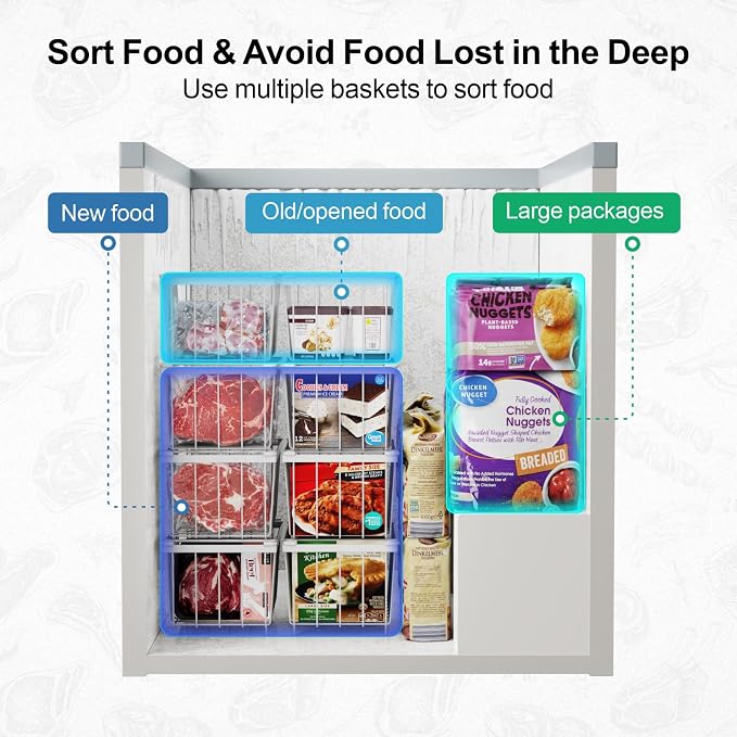 Deep Freezer Organizer Bins - Small Baskets for 7 Cu.Ft, 8 Pack | Easy Access Handles, Stackable Deep Freezer Wire Baskets, Vertical Space Sorts for Frozen Meat, Vegetable and Bagged Items - Image 8