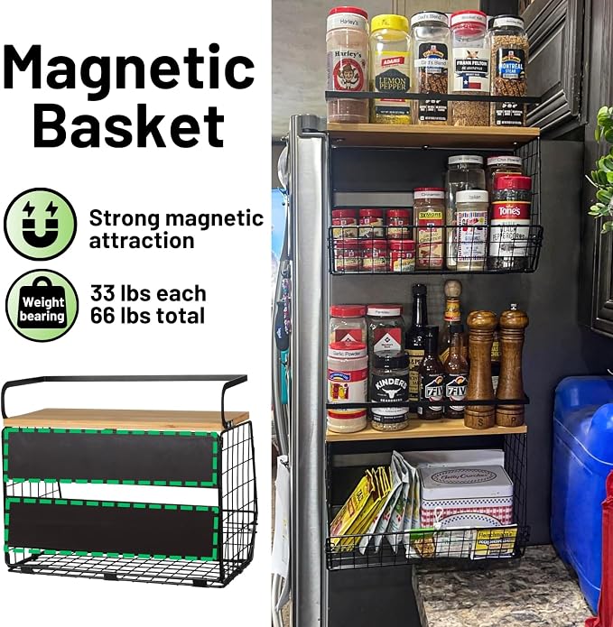 2 Set Magnetic Shelf for Refrigerator with Wood Lid, Fruit Potato & Onion Storage Bins, Pantry Organizers & Storage, Large Container Magnetic Spice Rack for Refrigerator, Kitchen Counter, Cabinet - Image 2