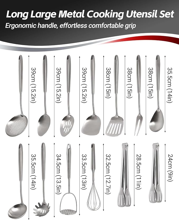 304 Stainless Steel Kitchen Utensils Set, 15PCS All Metal Cooking Tools Set with Whisk, Turner, Tongs, Ladle & Masher, Heavy Duty Dishwasher Safe Kitchen Gadget Set for Home & Professional Cooking - Image 2