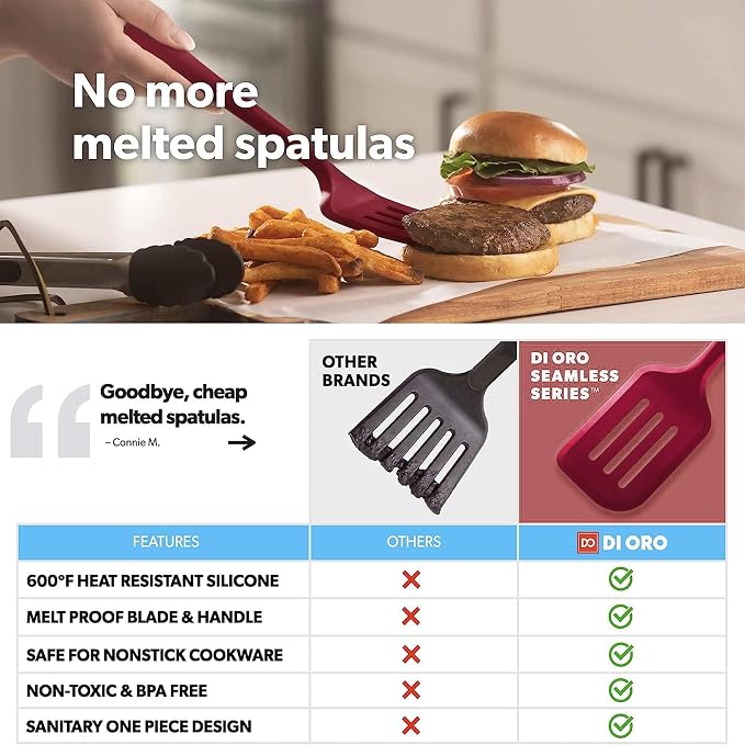New DI ORO Seamless Series Moda 4-Piece Silicone Turner Spatula Set - 600°F Heat-Resistant Flexible Kitchen Spatulas for Nonstick Cookware - Flippers for Eggs & Pancakes - Utensils for Cooking (Red) - Image 2