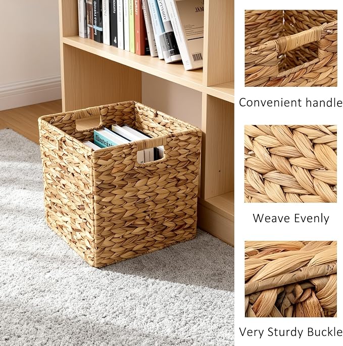 12x12in Storage Baskets,Set of 4 Water Hyacinth Baskets,Wicker Cube Baskets Laundry Organizer,Foldable Handwoven Storage Cubes,for Cube Shelf,Collapsible Laundry Baskets Pantry,Living Room,Bedroom - Image 5