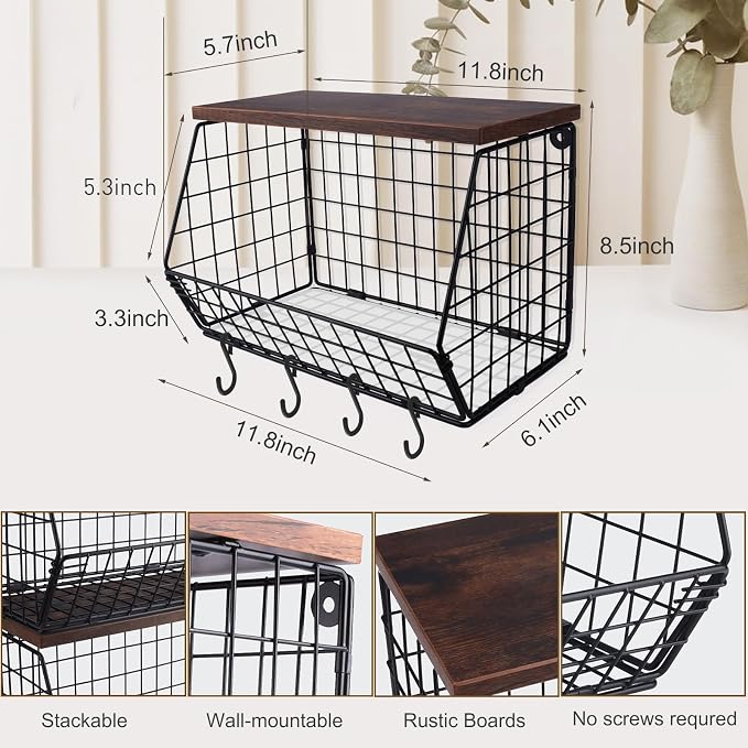Mefirt Fruit Bowl, Stackable Wall Mounted Fruit Basket of Smooth Wood Lid with 4 Banana Hanger Hooks, Metal Kitchen Counter Organizer for Snack, Fruit and Vegetable Storage, 11.8 * 7.9 * 8.5 Inches - Image 3