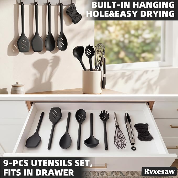 Kitchen Utensils Set,9 PCS Silicone Cooking Utensils Set Spatula Set,Non Toxic Cooking Utensils,Tongs,Spoon,Whisk,Brush,BPA Free Kitchen Gadgets for Non-Stick Cookware,Home Essential(Black-9P) - Image 8