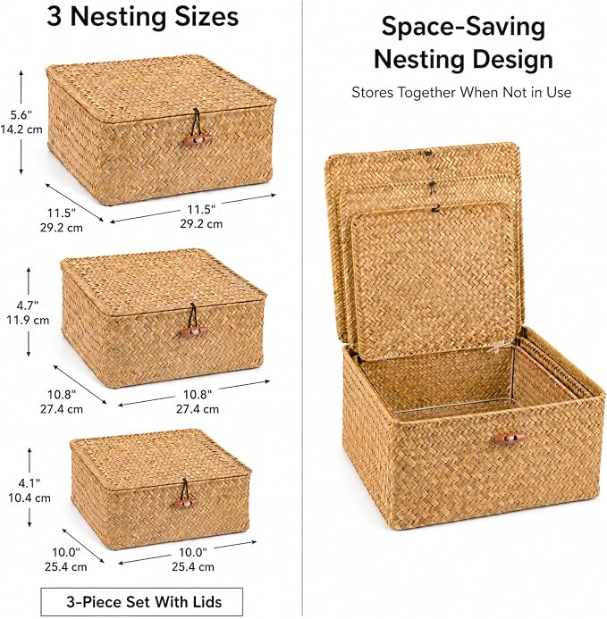 Square Handwoven Seagrass Wicker Storage Baskets with Lids, Set of 3 | Attached lids and internal iron frames help each basket hold its shape; compatible with IKEA KALLAX cube shelving. - Image 3