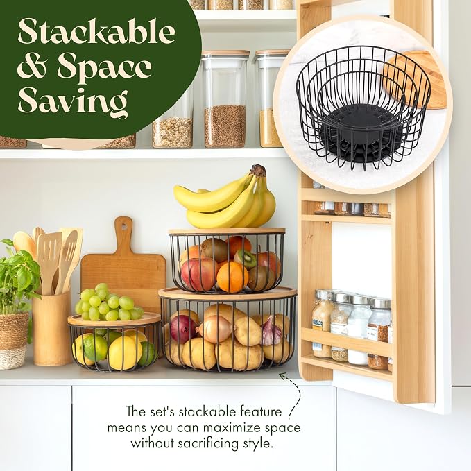 Fruit Basket for Kitchen Counter Set of 3 - Large Stackable Baskets with Bamboo Lid - Fruit Bowl, Perfect Holder For Fruits and Vegetable Storage -Keep Your Countertop Classy, Tidy and Slightly Fruity - Image 4