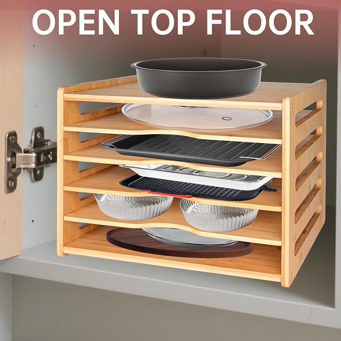 Cookie Sheet Organizer for Cabinet, 6 Tier Sheet Pan Organizer | Baking Sheet Organizers Inside Cabinet, Bamboo Kitchen Organizer for Bakeware and Cutting Board - Image 6