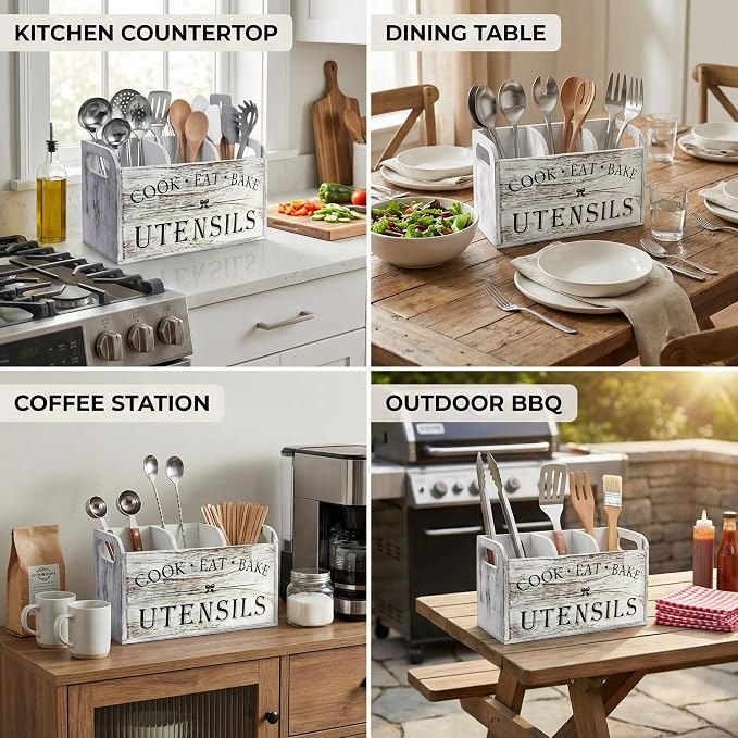 Rustic White Wooden Utensil Holder for Kitchen Counter Decor,Extra Large Kitchen Utensil Holder Silverware Caddy Farmhouse Wood Cutlery Holder Cooking Utensil Stand Storage kitchen Tools Holder - Image 8