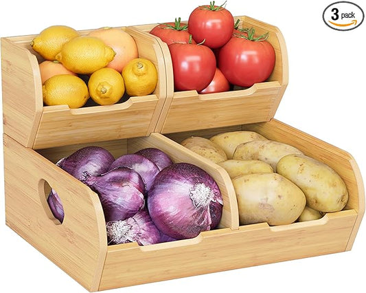 Potato and Onion Storage Bin – 3 Pack Bamboo Pantry Organizer Baskets for Kitchen Counter, Stackable & Ventilated Produce Basket for Fruit, Vegetable, Garlic & Snacks by Unknown