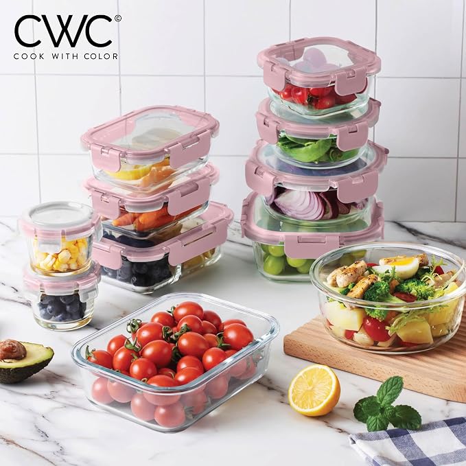 COOK WITH COLOR Premium 32-Pc. Borosilicate Glass Food Container Set with Dividers - 4 Rectangles, 8 Rounds, 4 Squares - Leakproof Lids - Meal Prep, Storage, Pink - Image 2