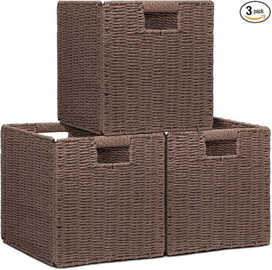 Wicker Storage Baskets for Organizing, 3 Pack Rustic Foldable Square Basket for Shelves, Handwoven Cubby Organizer Bins for Home Decor, Small Cube Storage Bin for Closet Organization (Brown 11 inch) by Cazzon