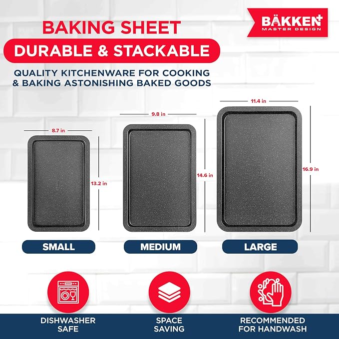BAKKEN 3-Piece Kitchen Baking Pans - Small, Medium, and Large Cookie Pan, With Nonstick Coating, Stackable and Space-saving Design, PFOA, PFOS, PTFE Free, Oven Safe Tray (Up To 450°F), Gray Marble - Image 2