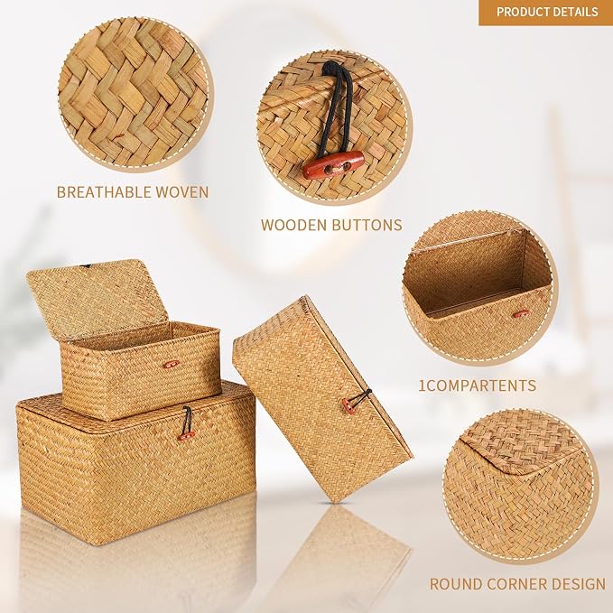 FEILANDUO Wicker Shelf Basket with Lids, Seagrass Storage Baskets Bins Rectangular Woven Baskets Boxes for Organizing Multipurpose Container Boho Home Decor Large Set of 3 - Image 2