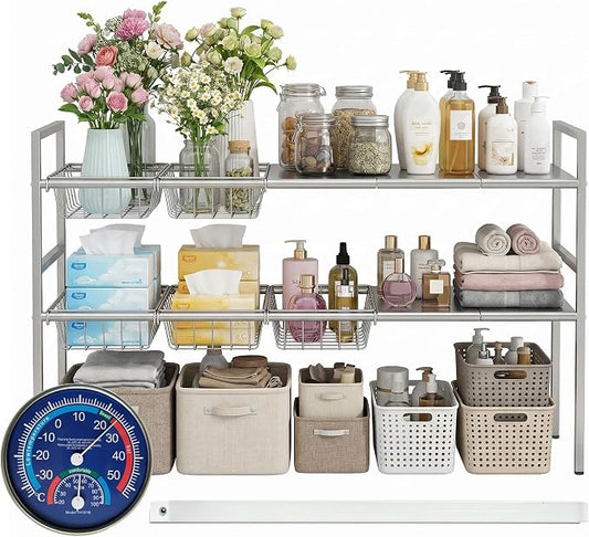 Under-Sink Organizer 2-Tier Expandable Cabinet Storage (5 panels 5baskets) | LED Motion-Sensing Auxiliary Lighting Dial Thermometer Stainless Steel Telescopic & Adjustable Rust-Resistant by Unknown