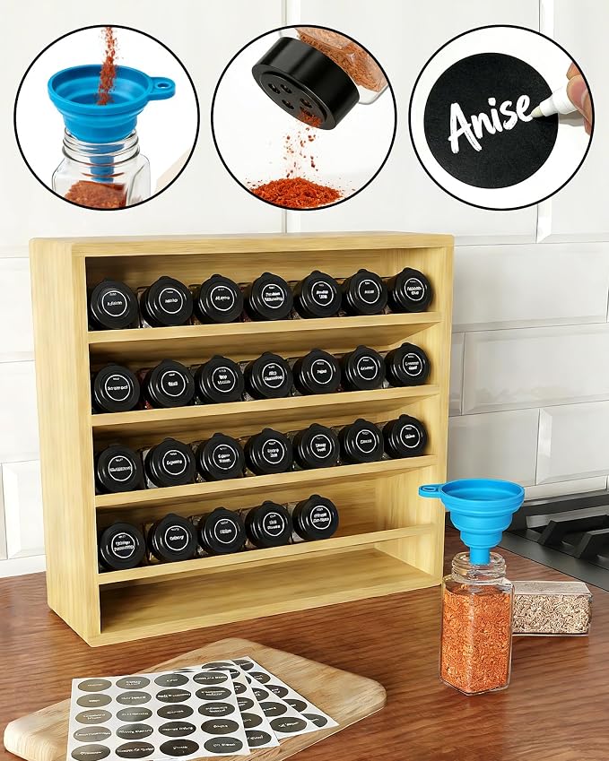 Orimade 4 Tier Spice Rack Organizer for Cabinet with 28 Plastic Spice Jars, Freestanding Bamboo Seasoning Rack for Countertop, Cupboard, Pantry, Kitchen, 13.18 x 4.13 x 12.2 inches - Image 7