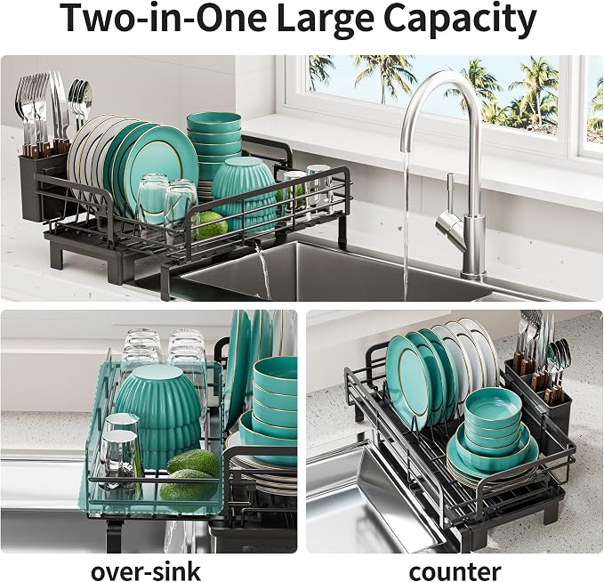 Small Dish Drying Rack - Extendable Dish Rack for Kitchen Counter, Rustproof Dish Drainers with Utensil Holder, Perfect for Apartments, RVs and Small Spaces,16.5" D x 7.5"-12.5" W x 6.5" H - Image 4