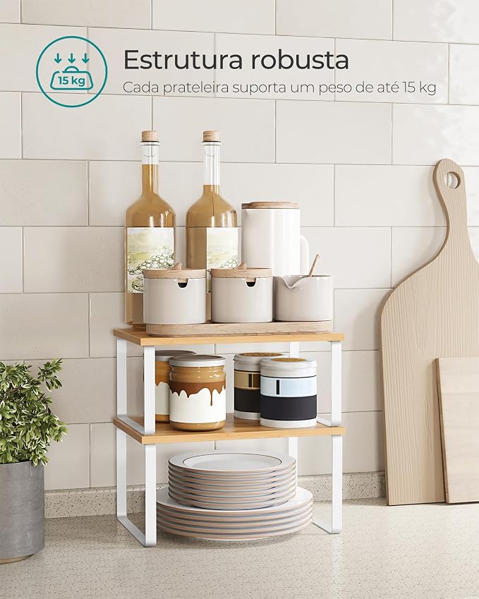 SONGMICS Cabinet Organizer Shelf, Set of 2 Kitchen Counter Shelves, Kitchen Storage, Spice Rack, Stackable, Expandable, Metal and Engineered Wood, 11.7 Inches, Cloud White and Natural Beige UKCS02NW - Image 4