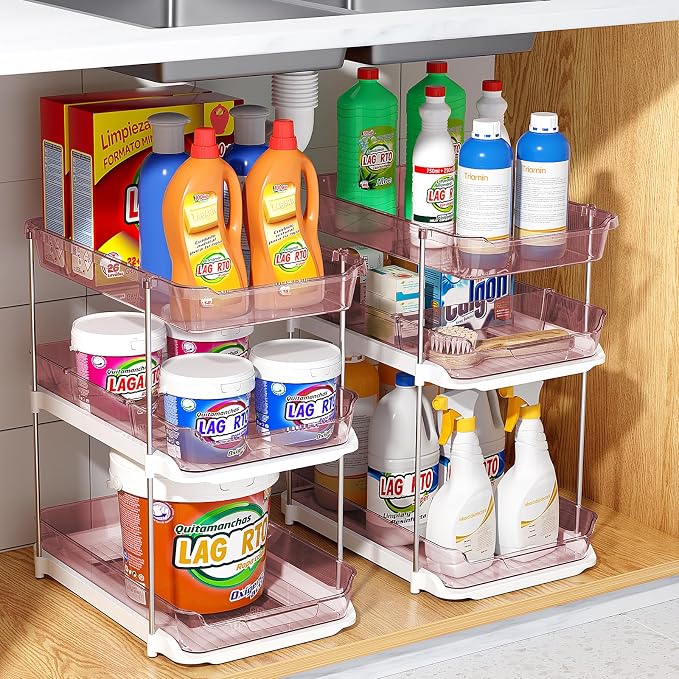 Delamu 2 Pack 3-Tier Bathroom Under Sink Organizers and Storage, Multi-Purpose Stackable Pantry Organization and Storage, Pull Out Clear Kitchen Bathroom Cabinet Organizer with Movable Dividers, Pink - Image 8