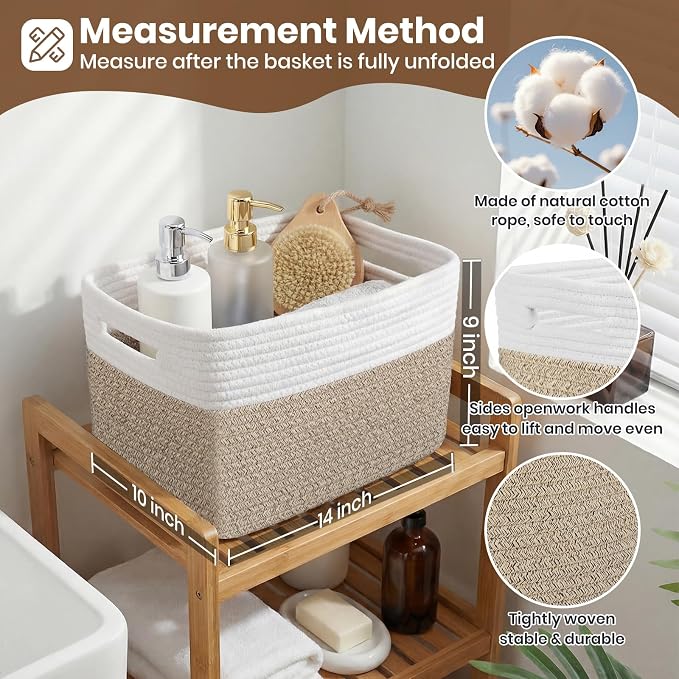Storage Baskets for Organizing, 14 x 10 x 9” Closet Shelf Woven Baskets, Square Bins with Handles, Cotton Rope Basket for Clothes, Office, Room, White+Rice Brown 1 Pack - Image 2