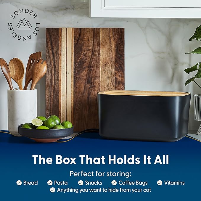 Sonder LA Union Bread Box with Wood Lid (Black) Large 14.25x9.25x7 in | Bamboo Fiber & Recycled Plastic Body with Reversible Bread Board Lid, Kitchen Countertop Use, Larger Than It Appears, 4 lbs - Image 6