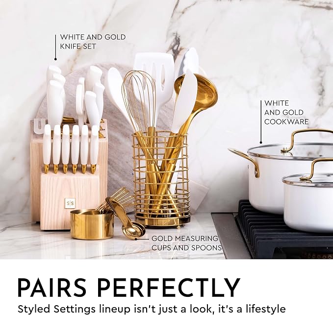 Styled Settings White and Gold Kitchen Utensils Set with Holder, 7-Piece | Silicone Cooking Tools with Gold Utensil Holder - Luxury Kitchen Accessories for Stylish Cooking and Serving - Image 6
