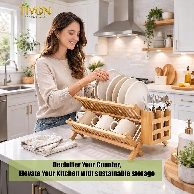 Bamboo Dish Drying Rack with Utensil Holder & Absorbent Dish Drying Mat|3Tier Collapsible Wooden Dish Rack for Kitchen Countertop|Large Foldable Dish Drainer|Kitchen Organizer for Plates Cups utensils - Image 5
