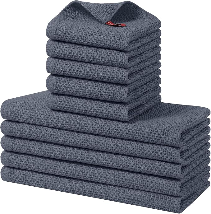 Homaxy 10 Pack 100% Cotton Kitchen Towels and Dishcloths Set, Dark Grey | 12 x 12 Inches and 13 x 28 Inches Kitchen Towels Set, Ultra Soft Absorbent Dish Cloths for Washing Dishes by Homaxy