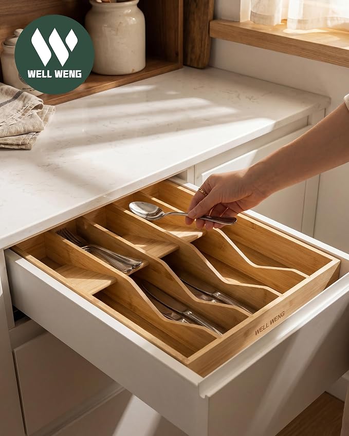 Utensil Drawer Organizer for Silverware,Bamboo 10 Slot | V-Groove & Anti-Slip Blocks, Vertical Storage,16" D x 12.3" W x 2.25" H, Cutlery Holder Dividers for Spoons Forks Knives - Image 3