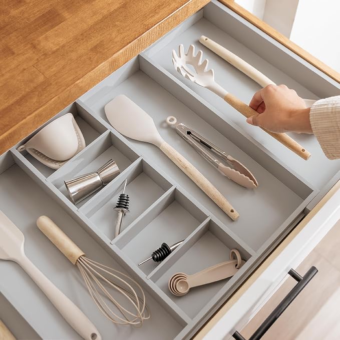 Utensil & Junk Drawer Organizer, 19-33 in, Gray Bamboo | Food-safe contract grade, 100% sustainable wood, non-slip, adjustable - Image 7