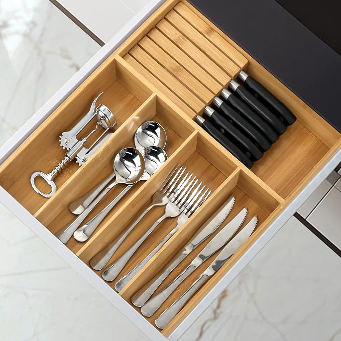 VaeFae Bamboo Silverware Drawer Organizer, 5 Slots, Natural | Wooden Cutlery Tray with Divider for Kitchen, Flatware Storage,43 cm D x 32 cm W, 5 Slots, Natural - Image 2