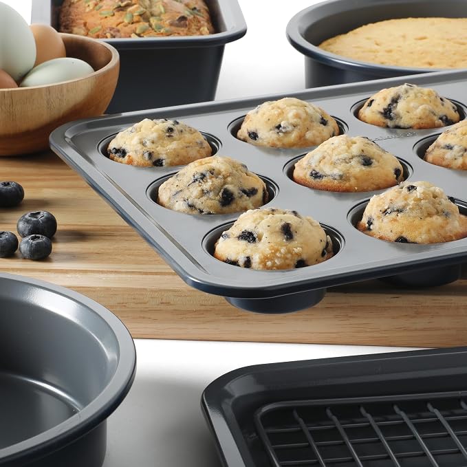 Calphalon Legacy 10-Pieces Nonstick Bakeware Set PFOA-Free, Baking Sheet Set, Carbon Steel Bakeware Pans Collection, High-Heat Oven Safe, for Cookies, Cakes, and Muffins -Blue/Grey Interior - Image 4