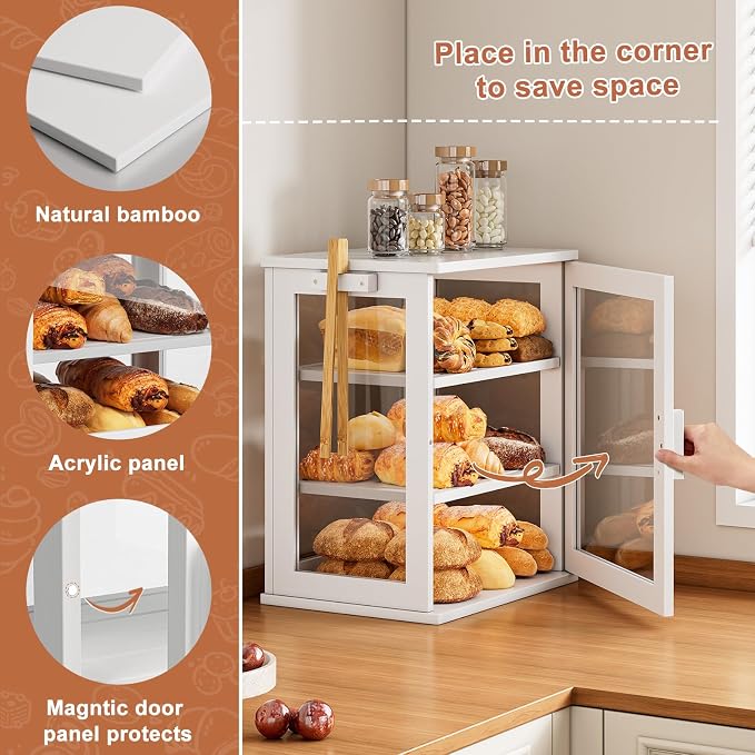 WOWLIVE Bread Box for Kitchen Countertop, 3 Layers Bread Storage Container | Large Bamboo Bread Bin for Homemade Bread with Window, Farmhouse Breadbox Organizer for Kitchen, Cabinet, White, Meduim - Image 4