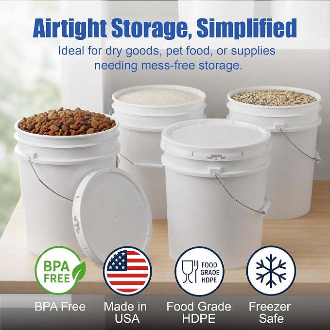 5 Gallon Bucket - Food Grade w/Lid BPA-Free, 6 Pack - White | Airtight Gasketed Tear Strip Lid, Heavy-Duty 90 Mil HDPE Plastic Pail, Bulk Storage, Food Safe Durable Container, Made in USA - Image 2