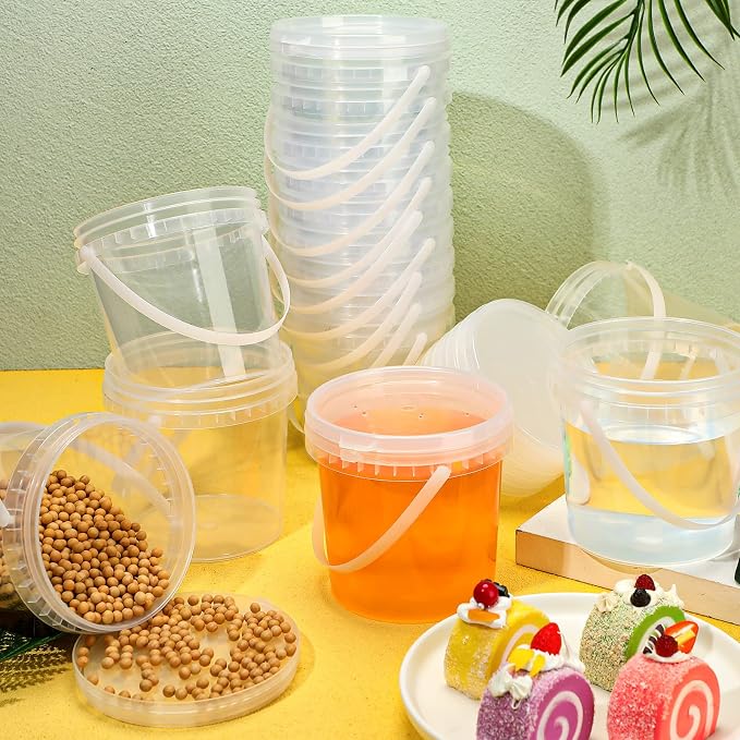 Skylety 24 Pcs Ice Cream Tub with Lid and Handle, 32oz Plastic Freezer and Microwave Safe Food Storage Containers, Airtight Pails Container for Snacks Deli Food Fruit, Leakproof Bucket (Clear) - Image 3