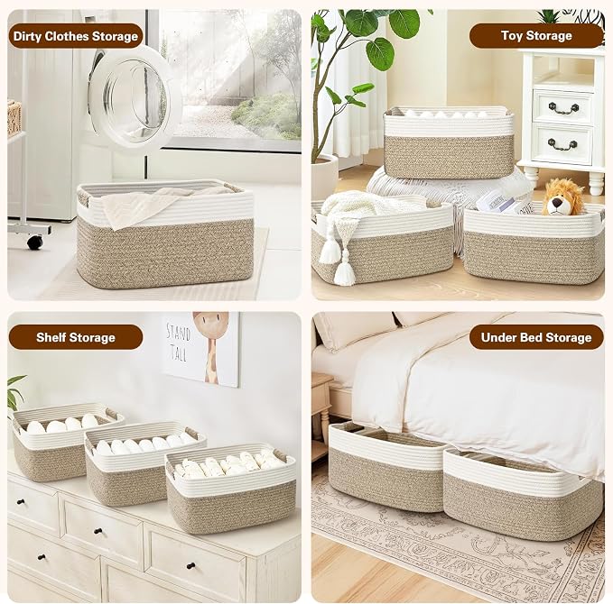 2 Pack Large Storage Basket for Organizing, 17.5"x13"x7" Woven Basket for Shelves, Closet Cube Storage Bins with Wrapped Handle, Cotton Rope Baskets for Kitchen, Clothes, Toys(Off White & Brown) - Image 6