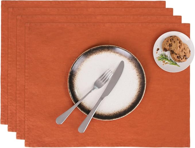 Linen Placemats 14x19Inch Set of 4,100% Linen Placemats Natural Rustic Tablemats for Easter,Mother's Day,Summer,Handcrafted from European Flax(Rust) by LLinenWorld