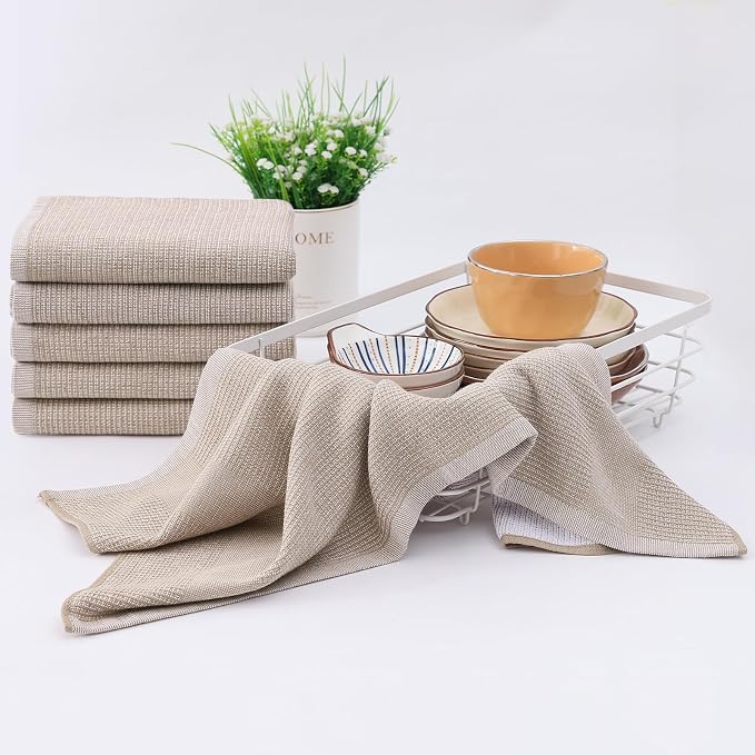 Homaxy 380 GSM Cotton Premium Kitchen Towels 8 Pack, 18"x 28", Khaki | Flat and Terry Dish Towels, Highly Absorbent Tea Towel Set with Hanging Loop, Soft Utility Kitchen Hand Towels - Image 6
